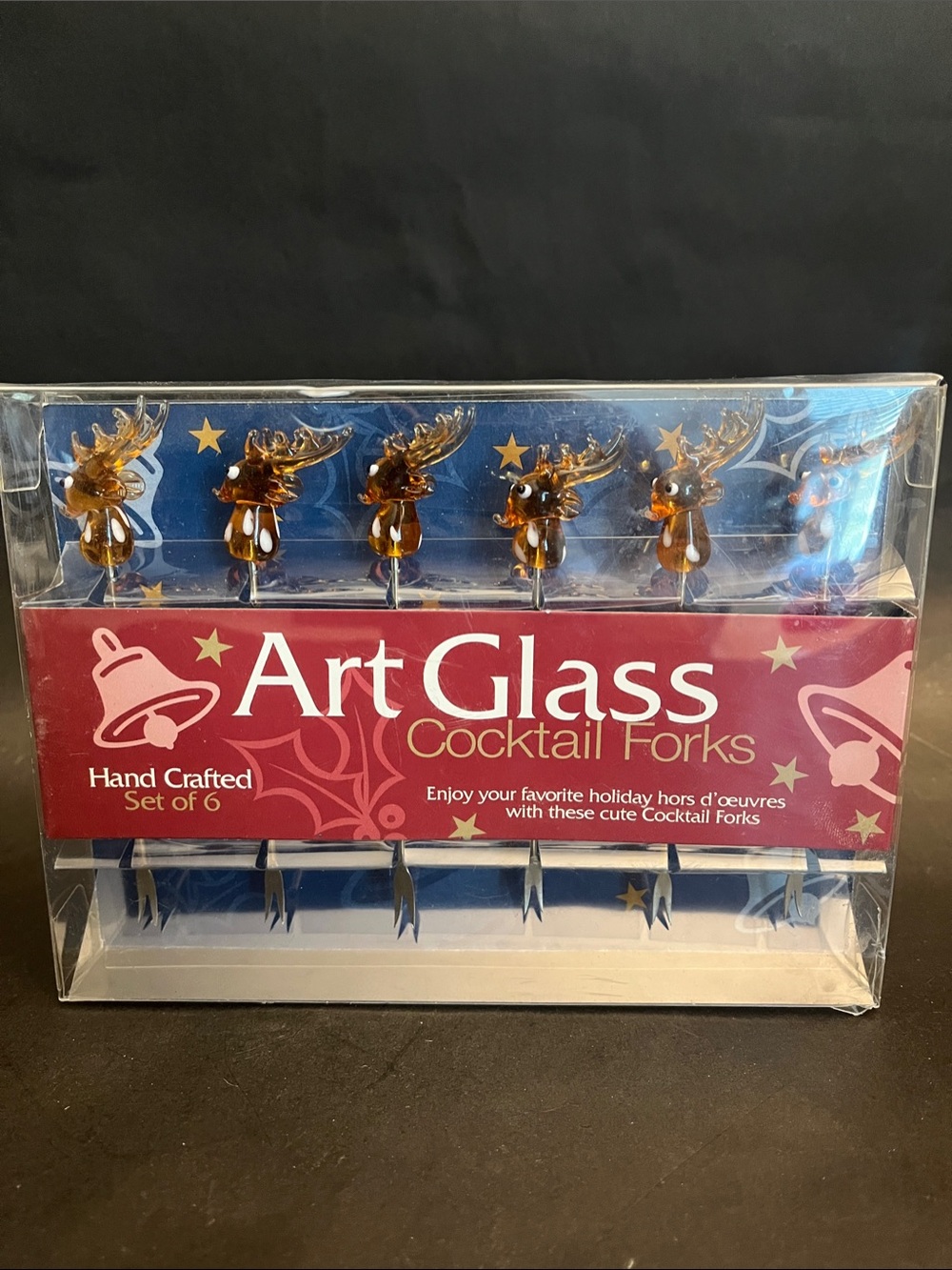 Art Glass Brown Reindeer Cocktail Forks Set